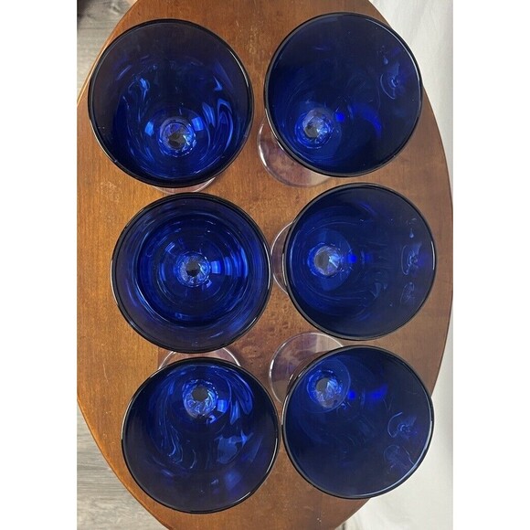 Cobalt Blue Glasses Set 6 Wine Water Goblets Flared Clear Stem Heavy Regency 6x4 - Picture 3 of 5